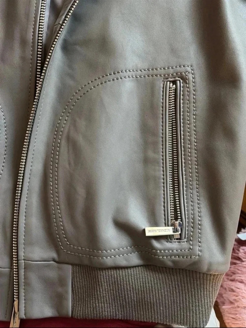 Michael Kors Unisex Grey Leather Bomber Jacket - Classic Zip Front